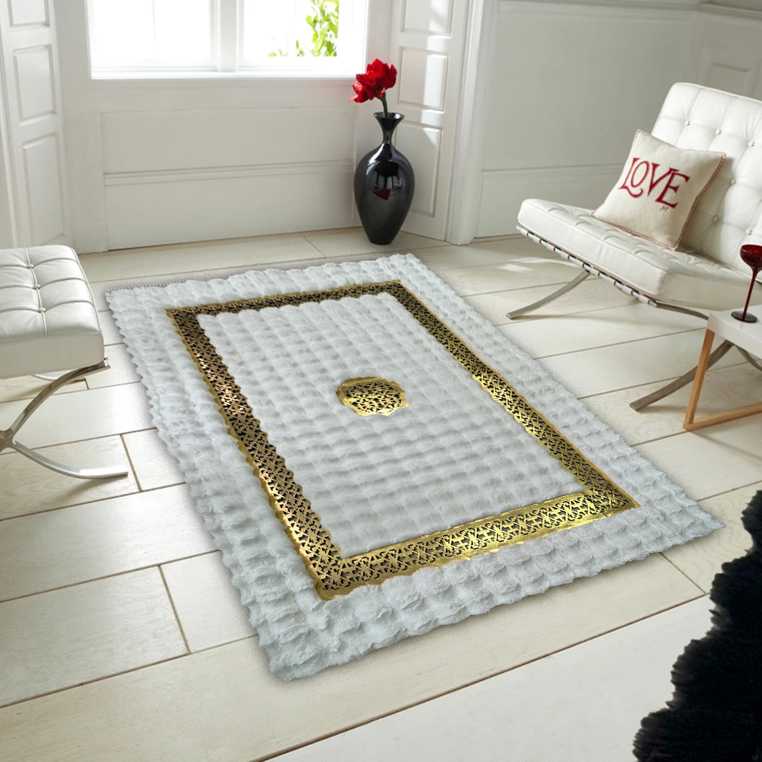 Faux Leather White Gold Area Plush Rug