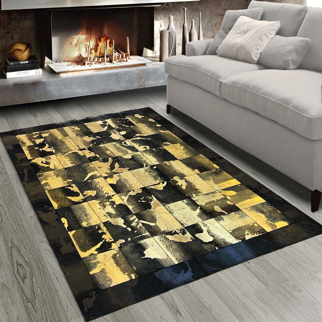 Gold -Black Cowhide Square Rug