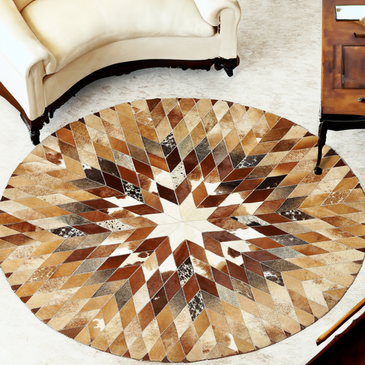 Designer Round Cowhide Geometric Rug