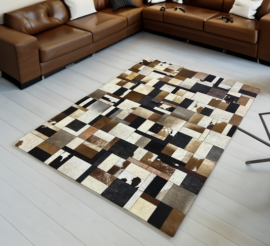 Patchwork Brown Real Cowhide Square Rug