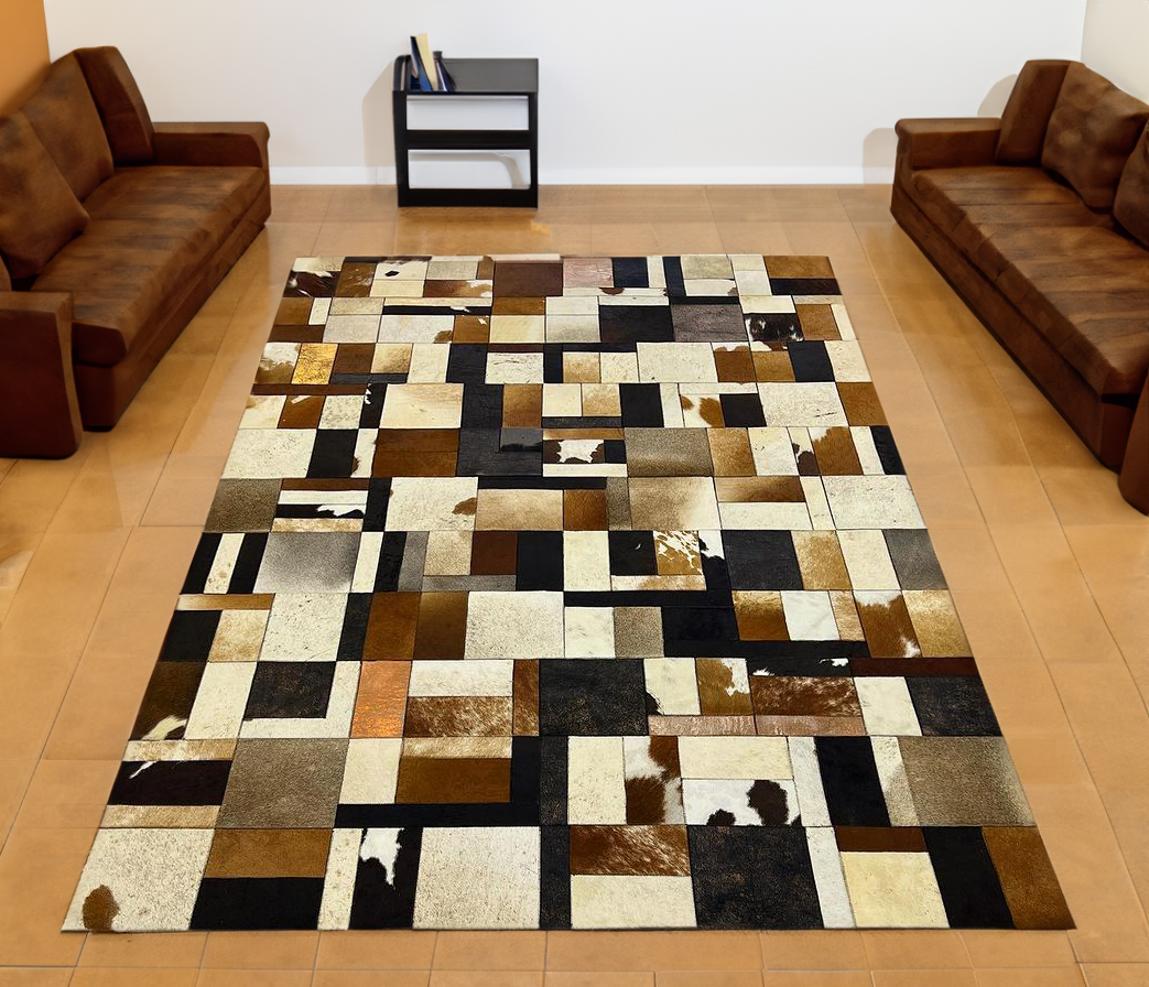 Patchwork Brown Real Cowhide Square Rug