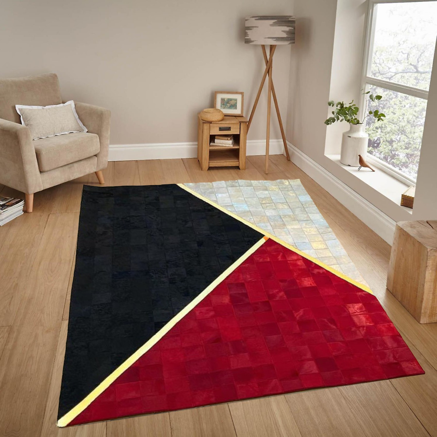 Tricolor Patchwork Real Cowhide Rug