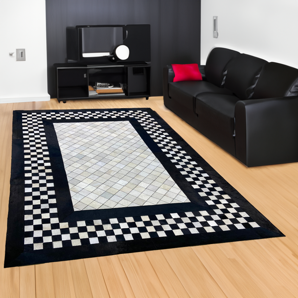 Black- White Real Cowhide Square Modern Rug