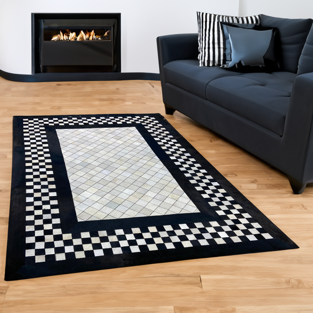 Black- White Real Cowhide Square Modern Rug