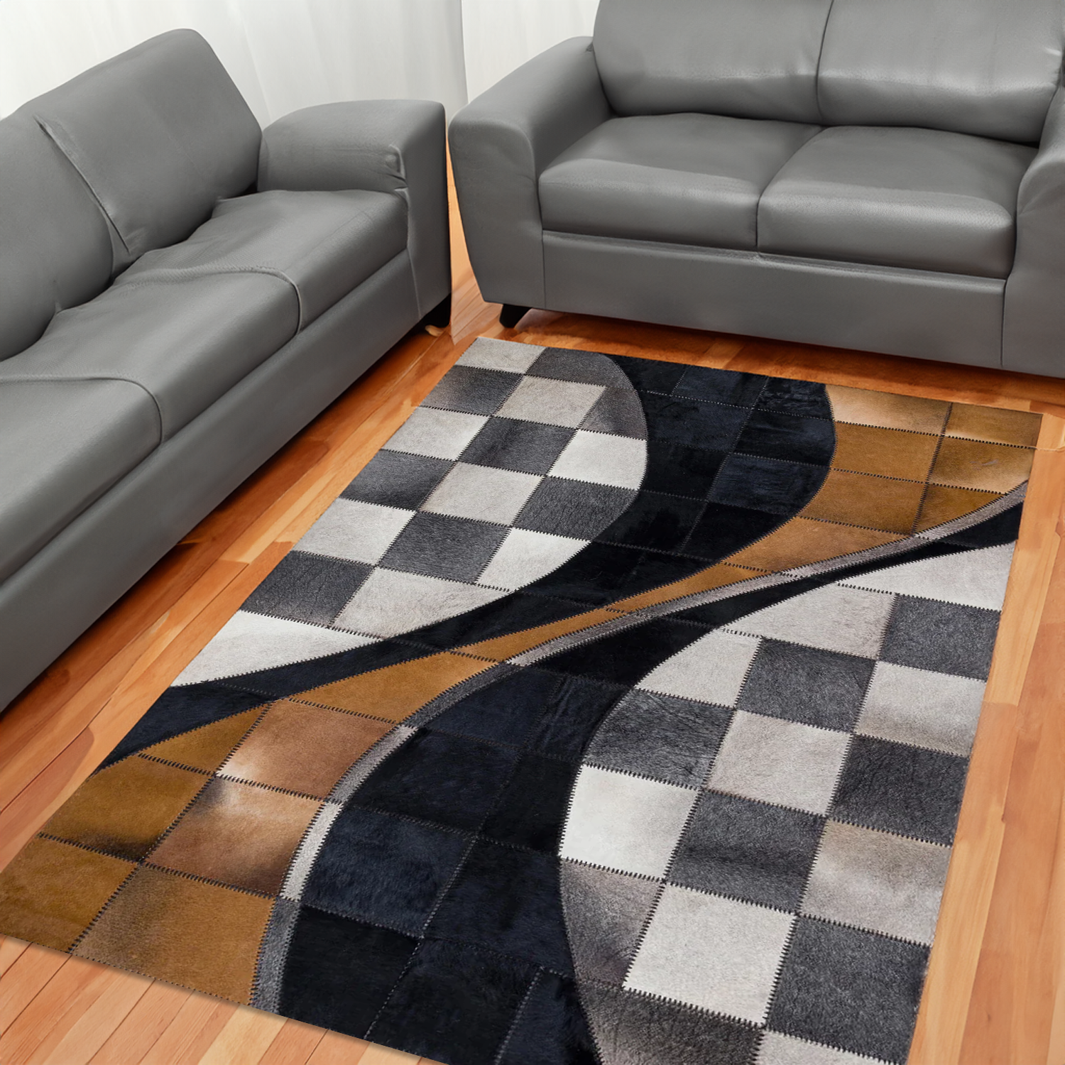 Geometric Cowhide Patchwork Large Rug