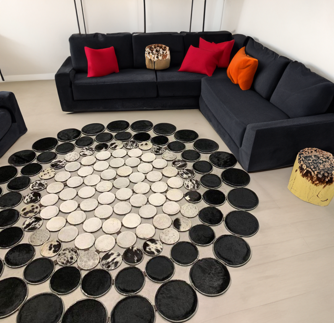 Black White Cowhide Round Geometric Rug