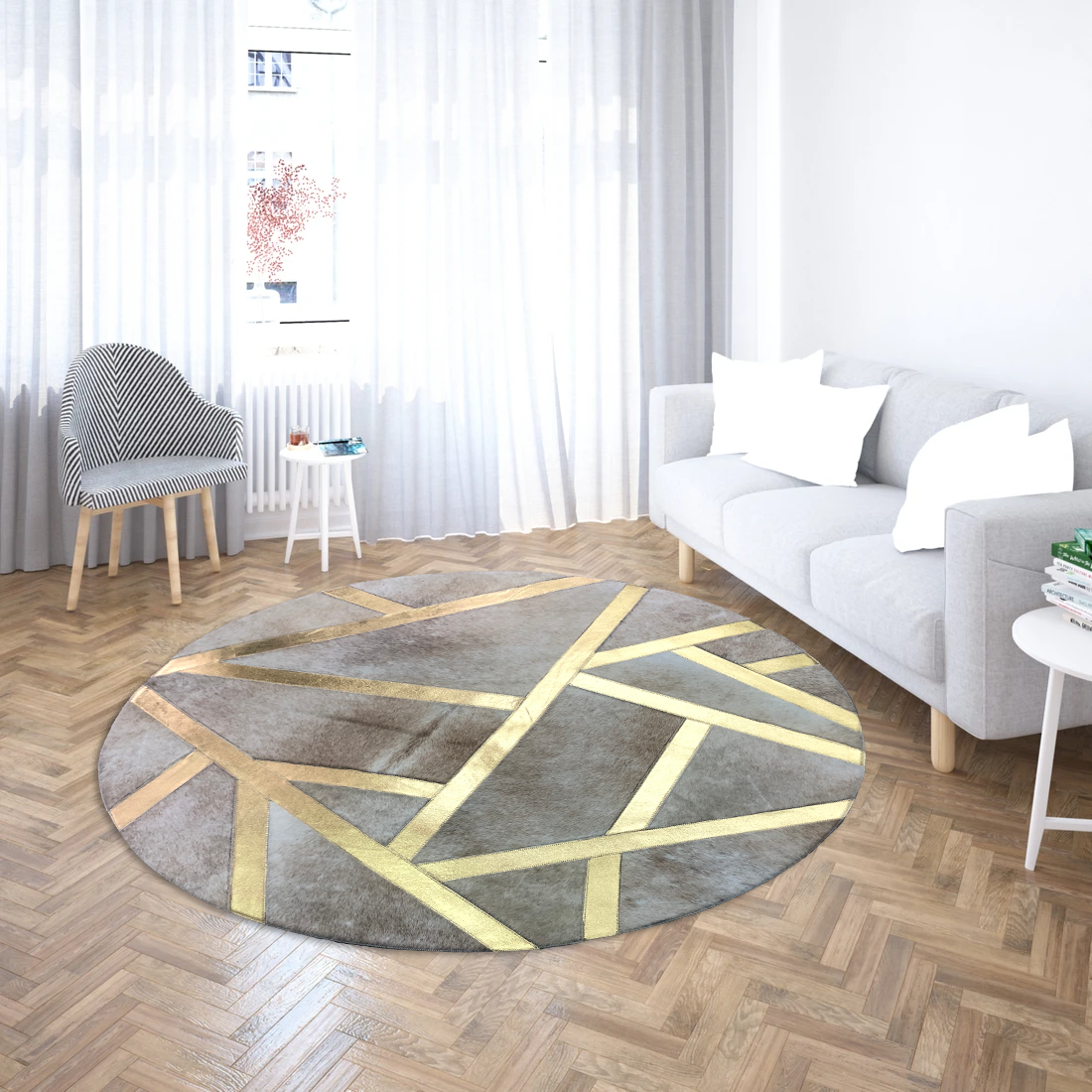 Round Real Cowhide Geometric Rug