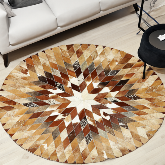 Designer Round Cowhide Geometric Rug