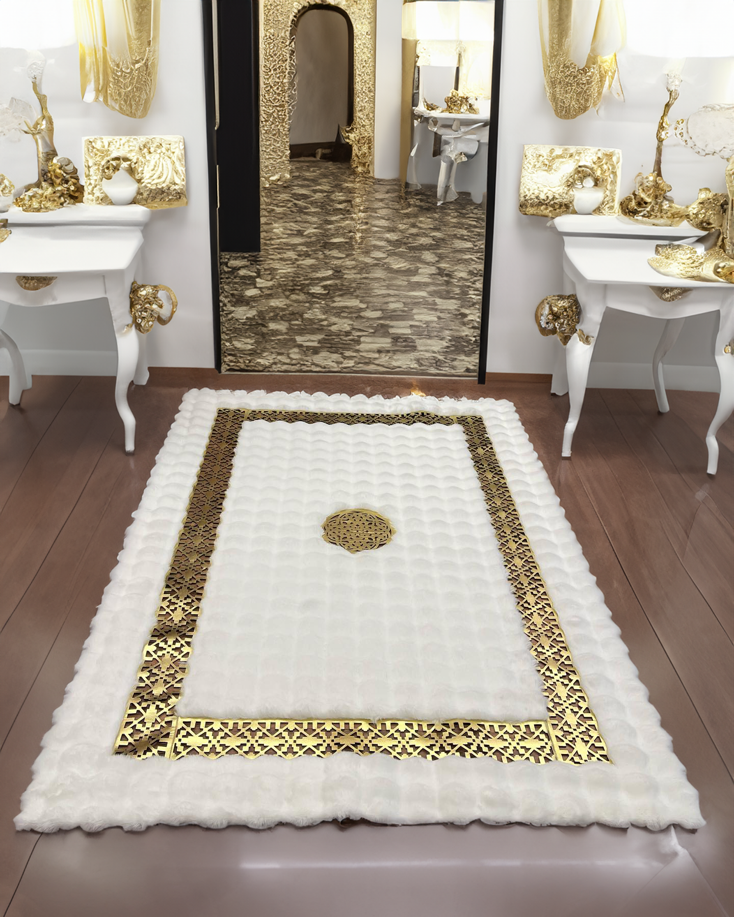 Faux Leather White Gold Area Plush Rug