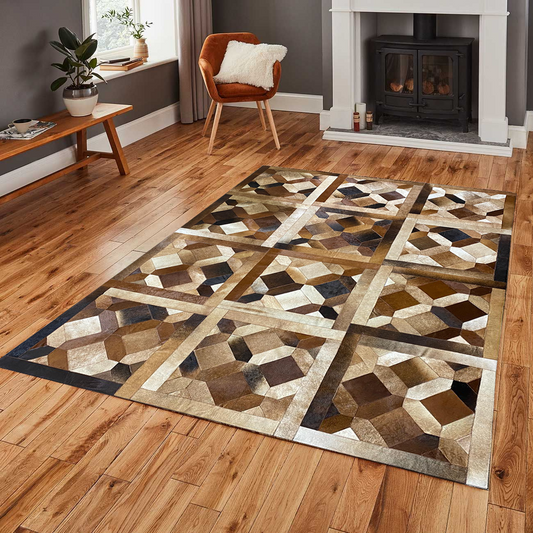 Geometric Brown Cowhide Living Room Rug