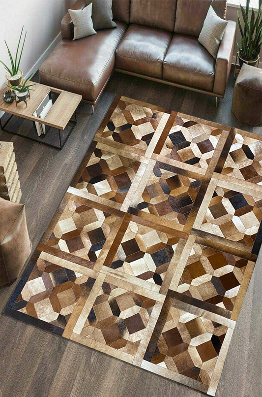 Geometric Brown Cowhide Living Room Rug