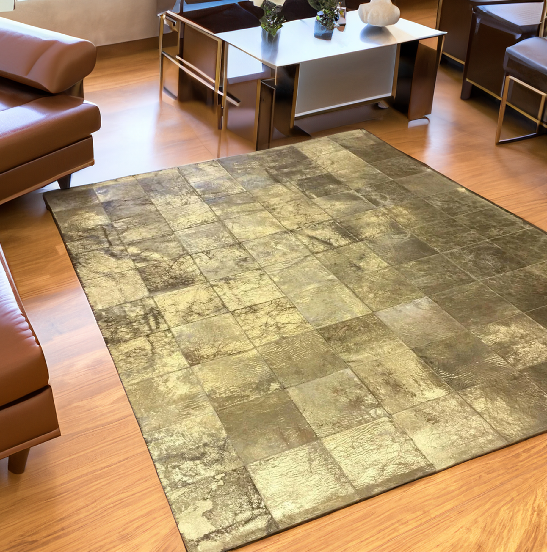 Gold Patchwork Cowhide Area Rug