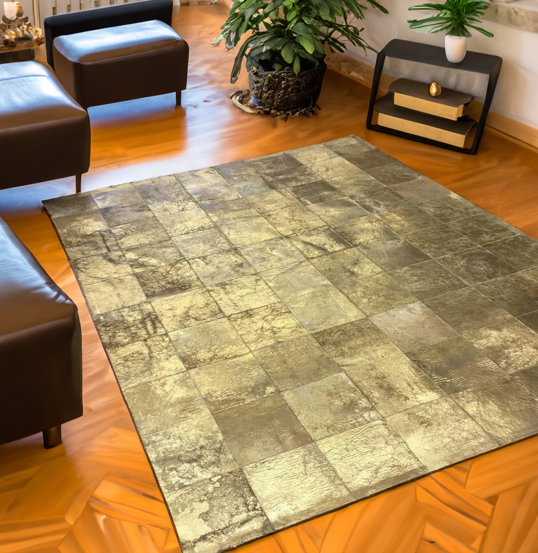 Gold Patchwork Cowhide Area Rug