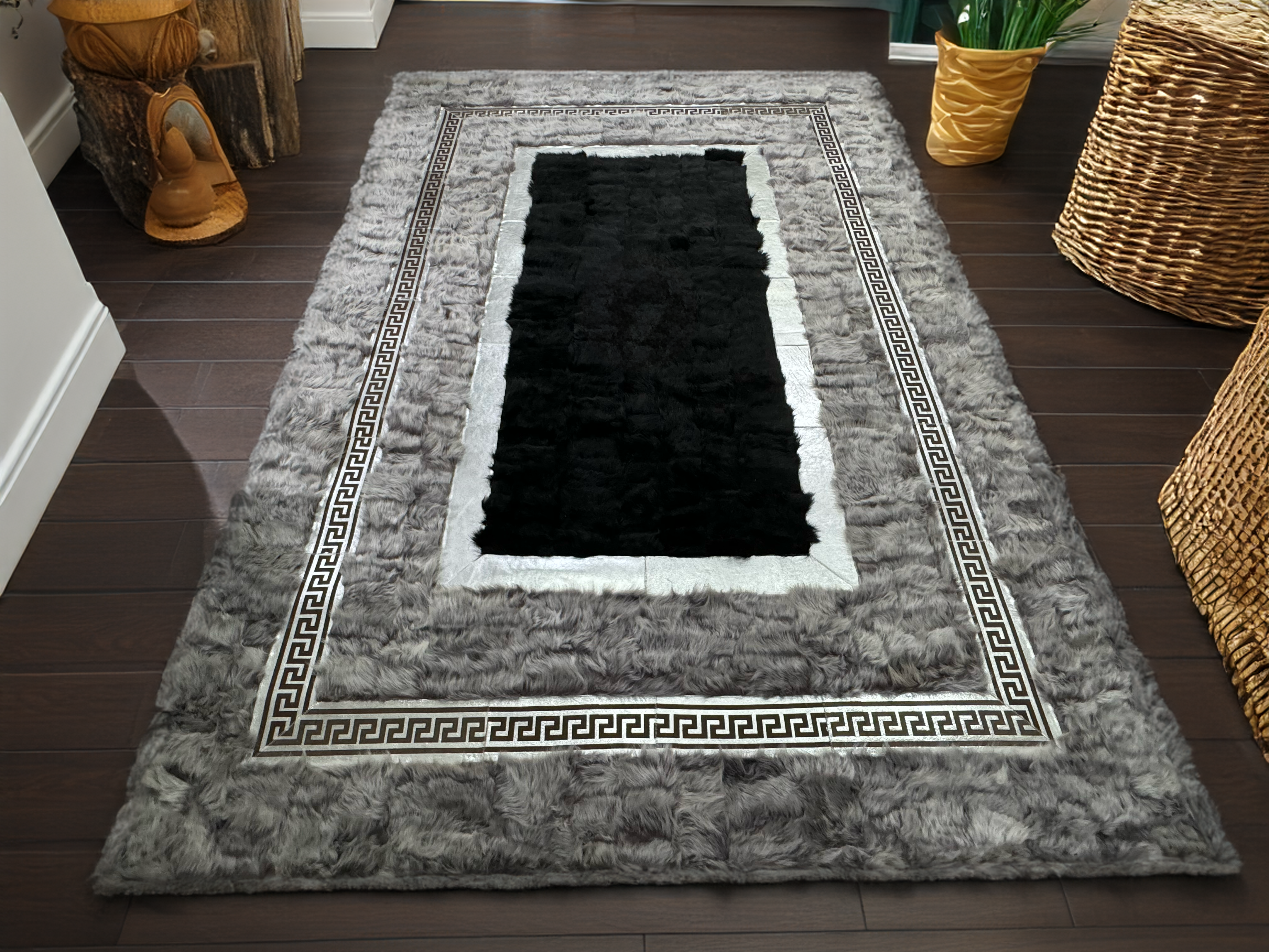 Gray Black Silver Sheepskin Area Rug