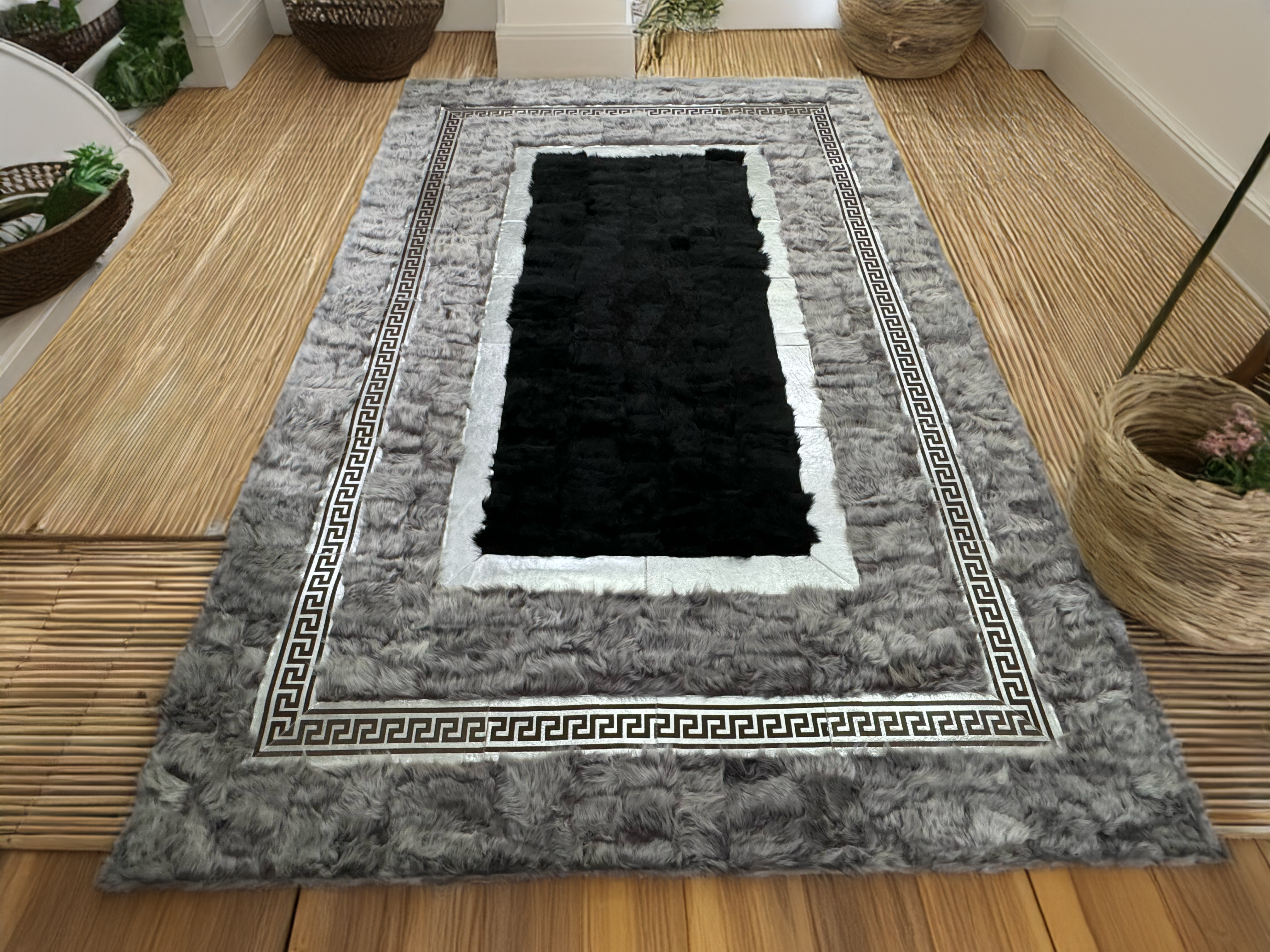 Gray Black Silver Sheepskin Area Rug