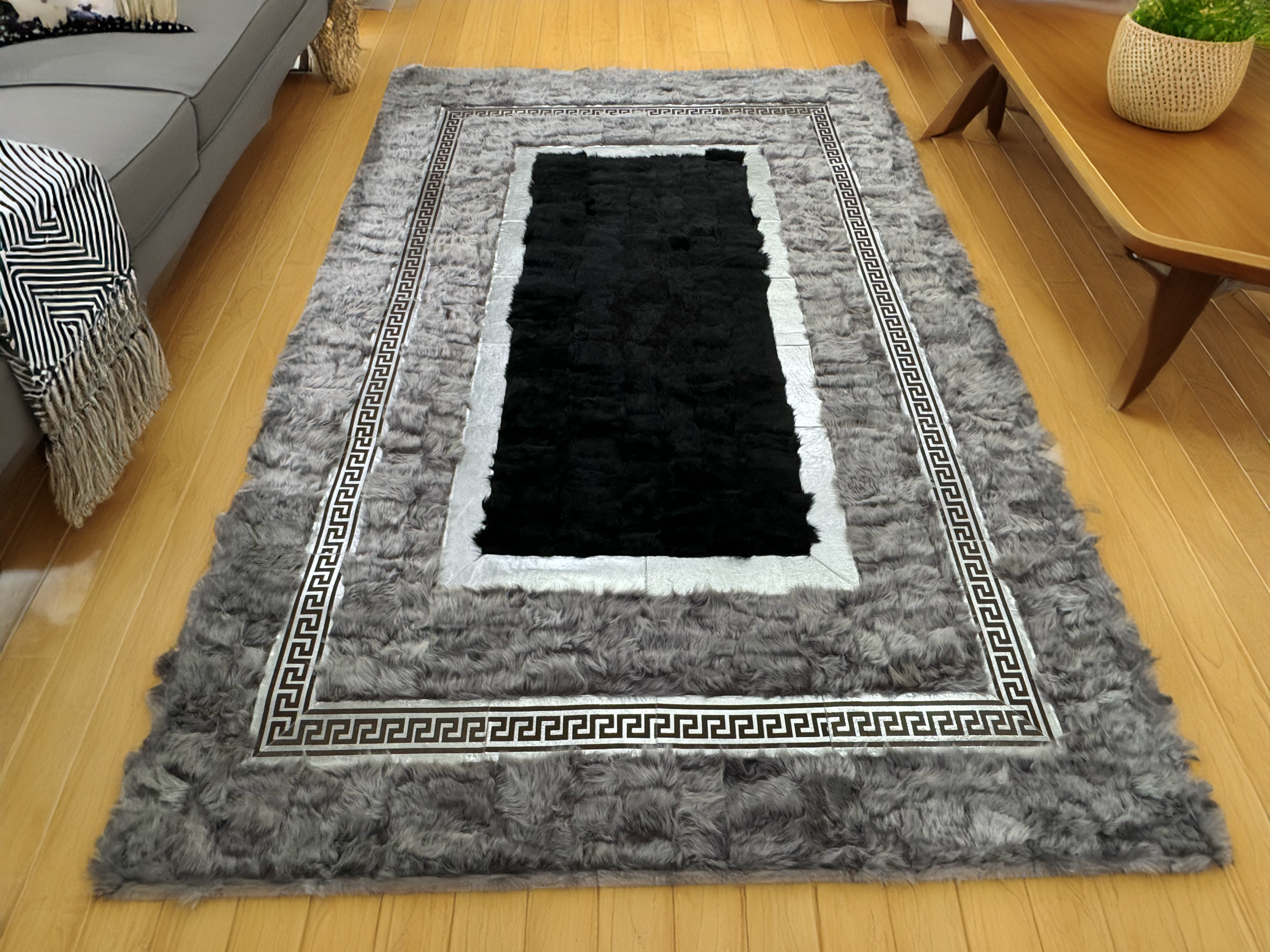 Gray Black Silver Sheepskin Area Rug