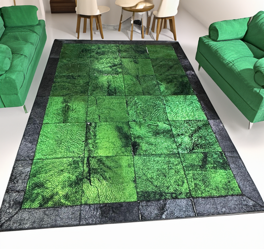 Genuine Green Black Cowhide Rug