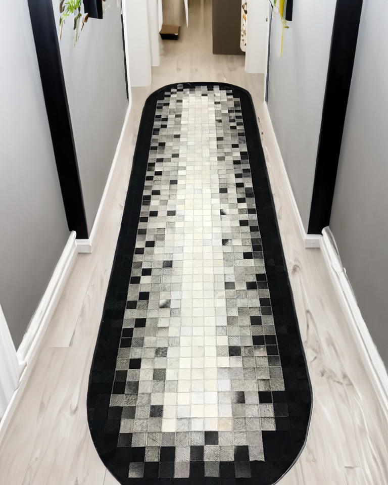 Black White Gray  Cowhide Hallway Rug