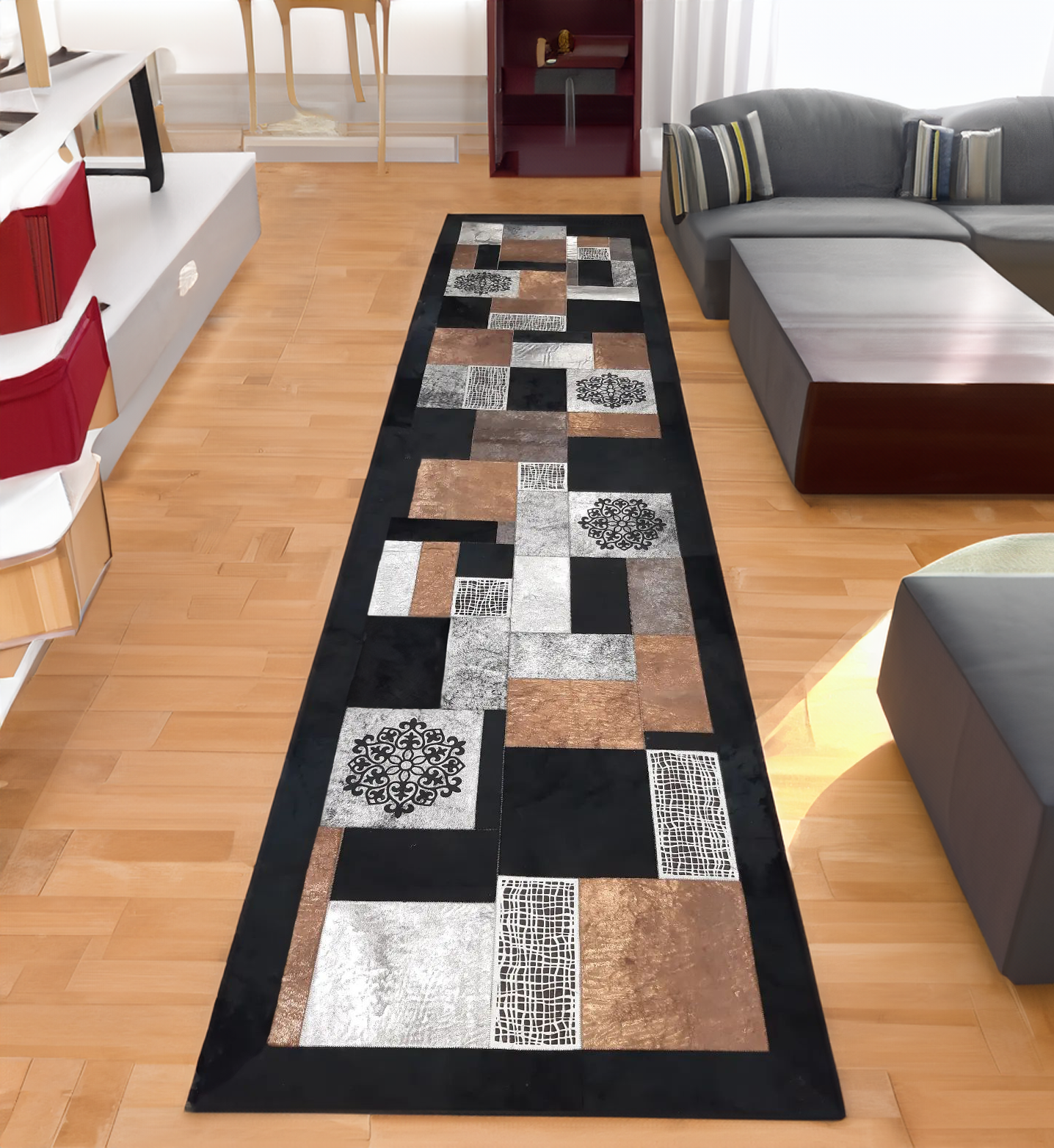 Luxury Decorative Black Silver Hallway Cowhide Rug