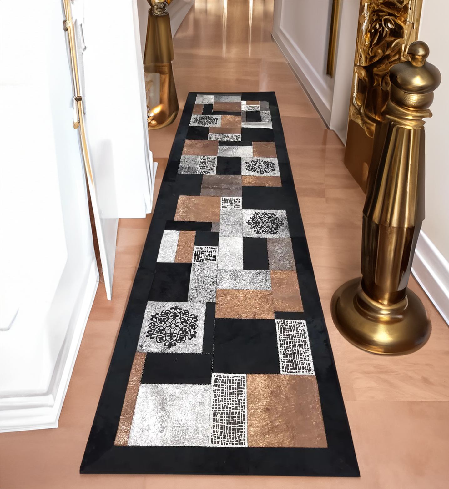 Luxury Decorative Black Silver Hallway Cowhide Rug