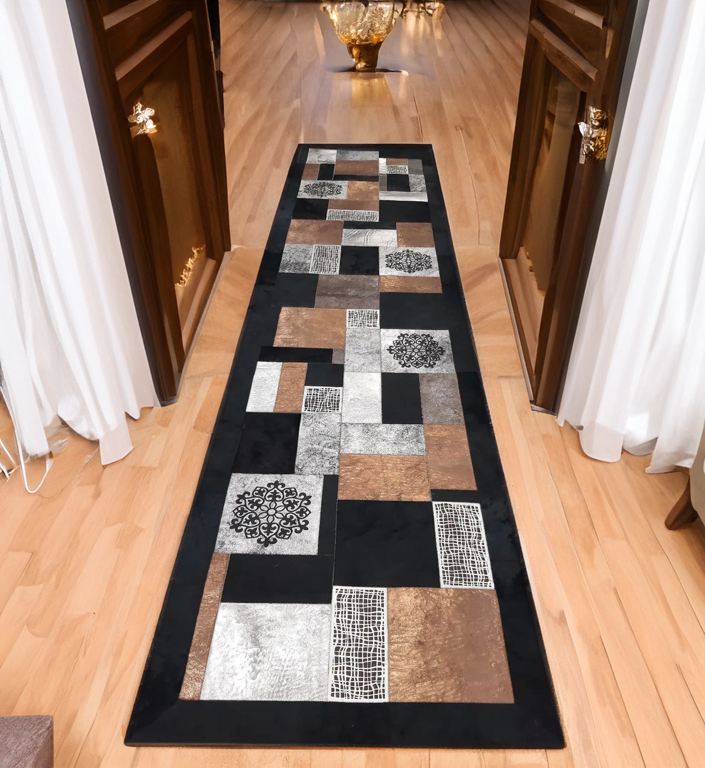 Luxury Decorative Black Silver Hallway Cowhide Rug