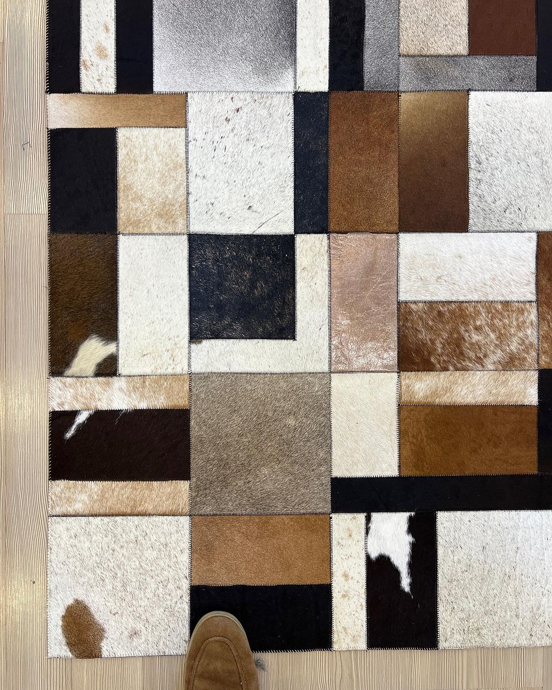 Patchwork Brown Real Cowhide Square Rug