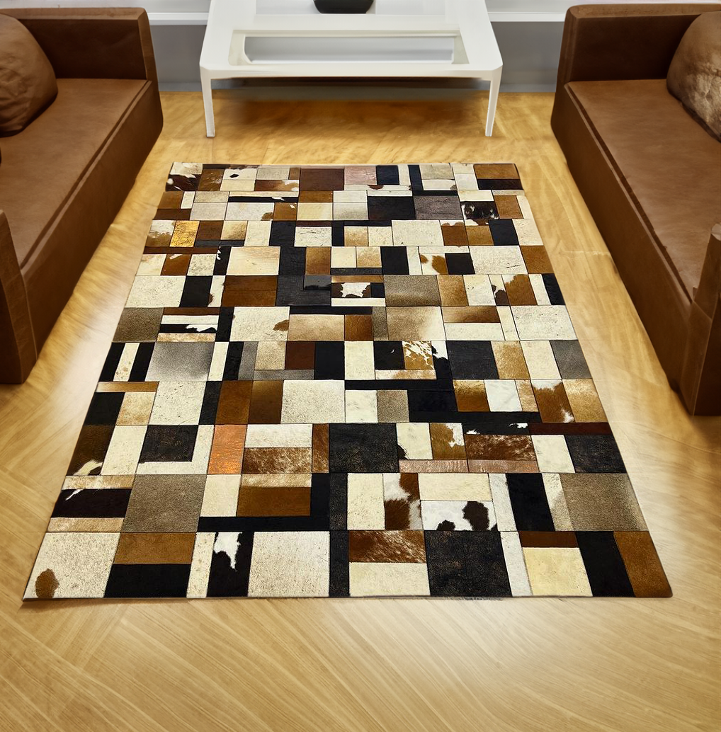 Patchwork Brown Real Cowhide Square Rug