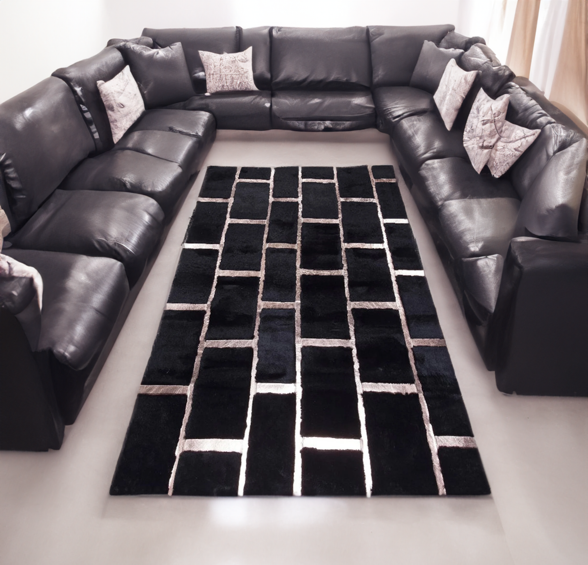 Luxury Black Silver Living Room Plush Rug