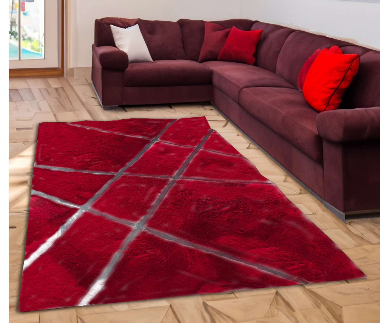 Geometric Plush Area Red Silver Faux Fur Rug