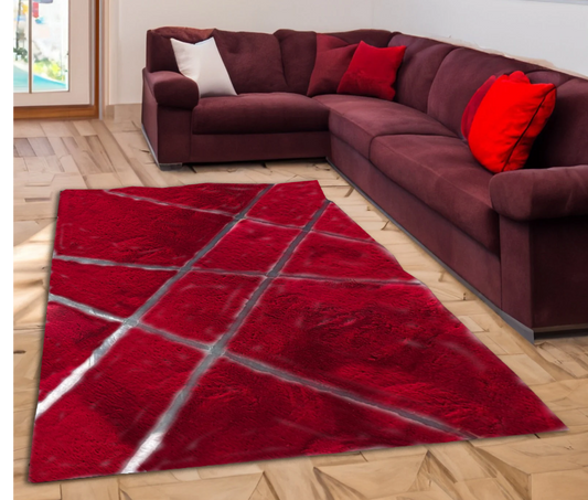 Geometric Plush Area Red Silver Faux Fur Rug