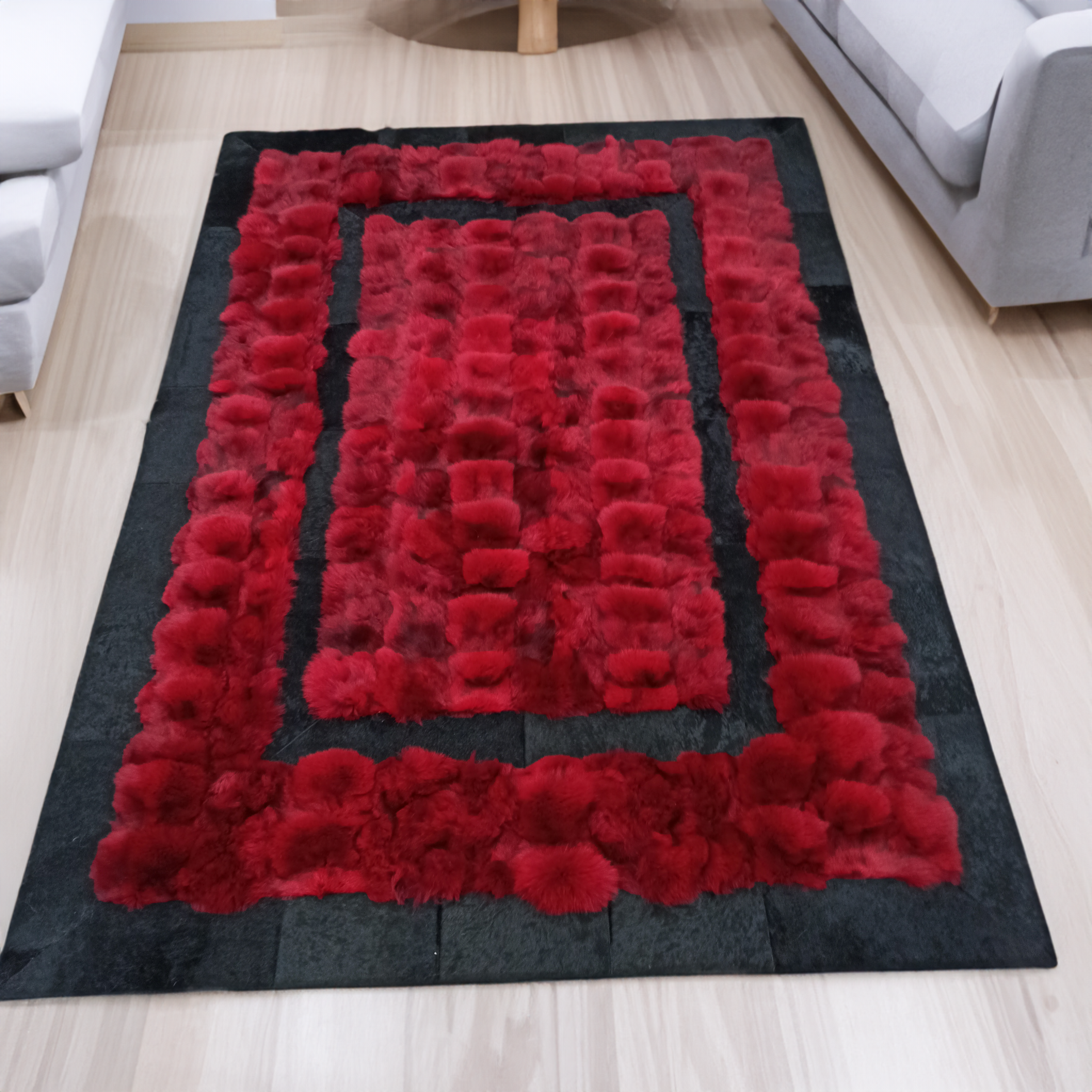 Red Black Luxury Fox Fur Rug