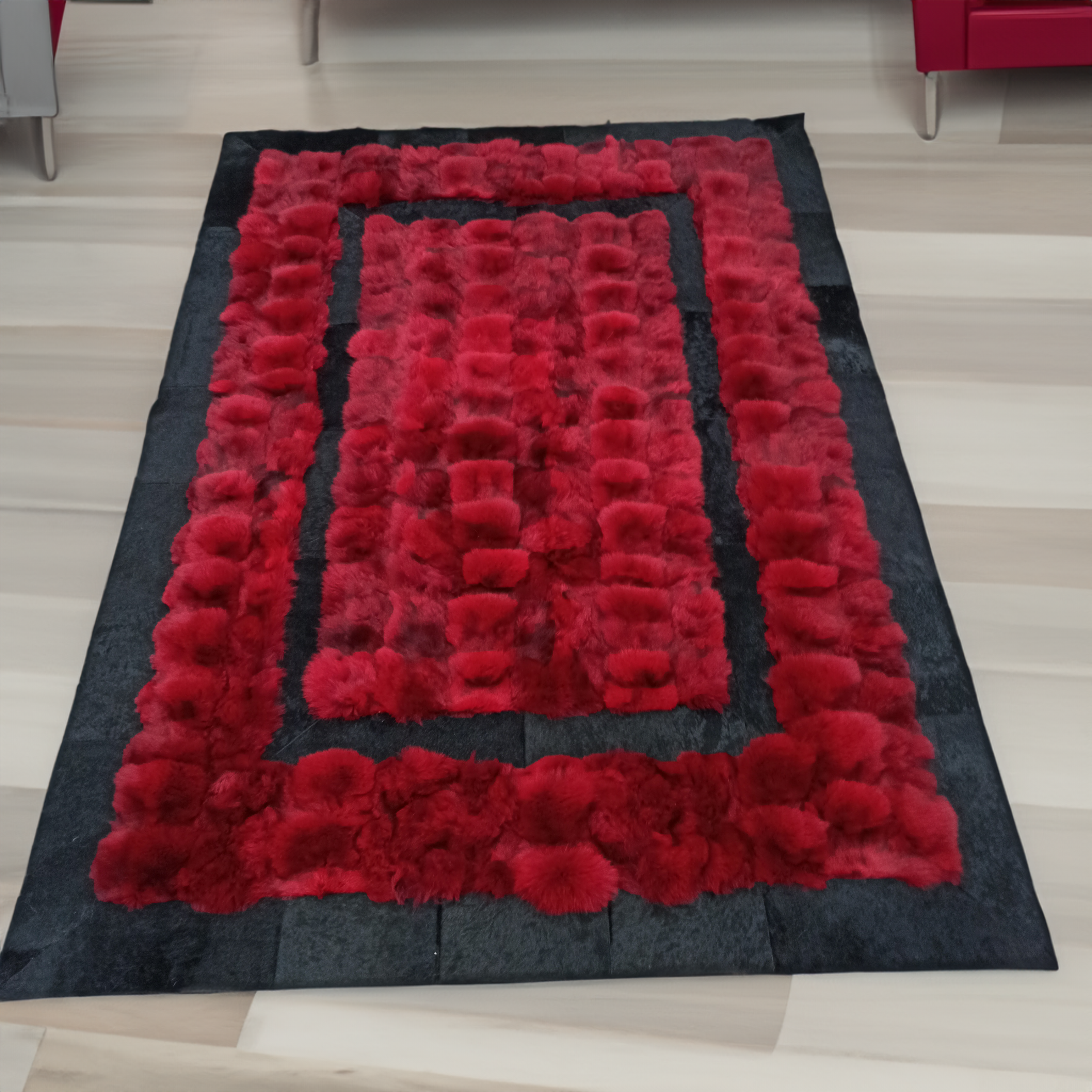 Red Black Luxury Fox Fur Rug