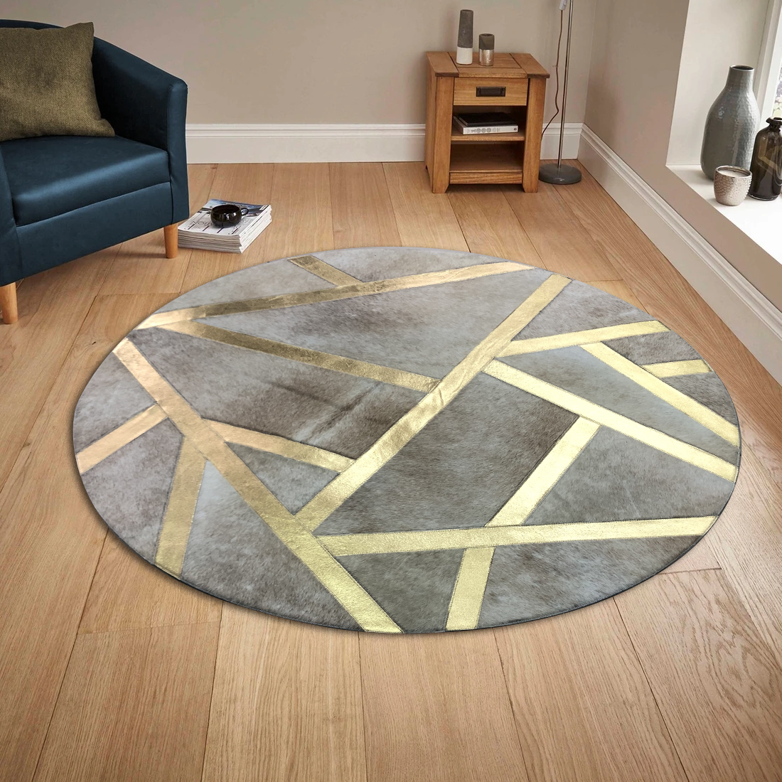 Round Real Cowhide Geometric Rug