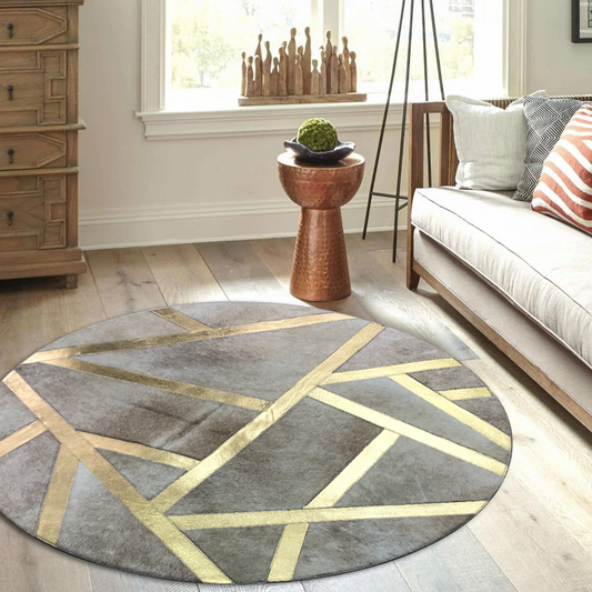 Round Real Cowhide Geometric Rug