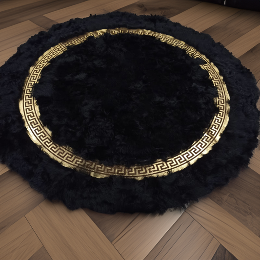 Round Black Gold Fluffy Sheepskin Rug