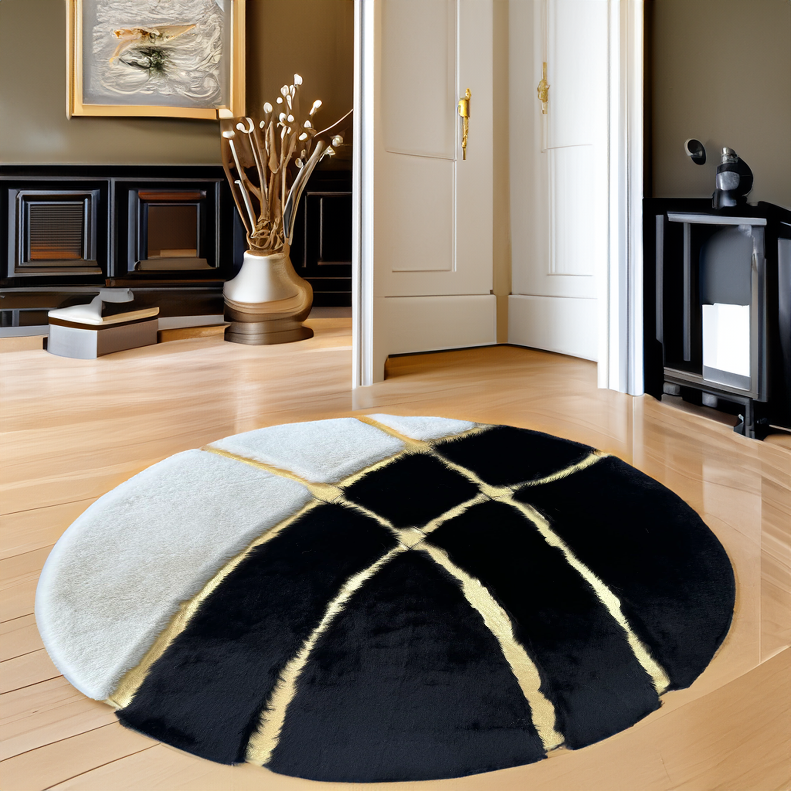 Round Plush Black-White Rug