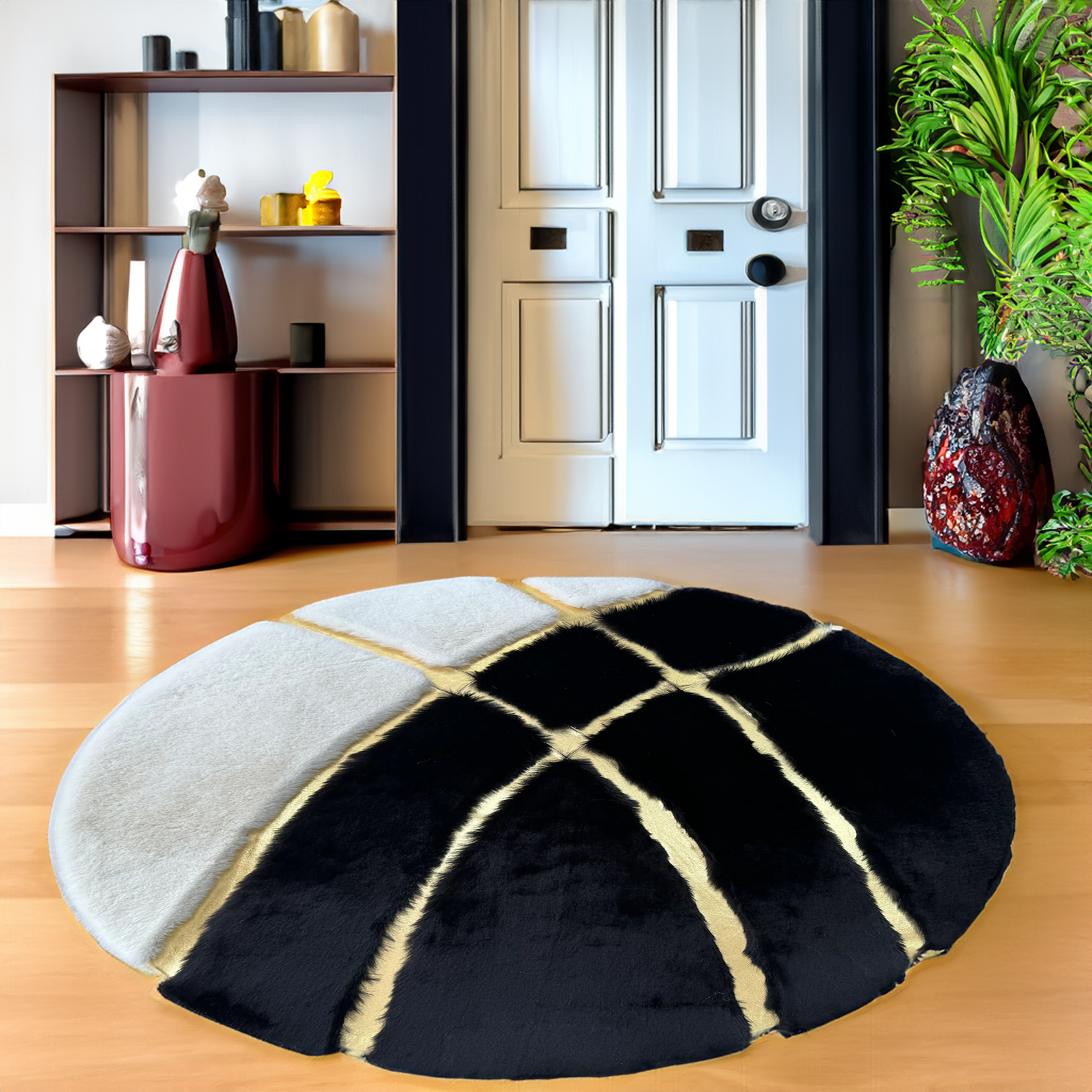 Round Plush Black-White Rug