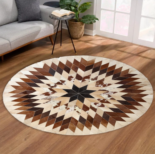 Round Real Cowhide Geometric Rug