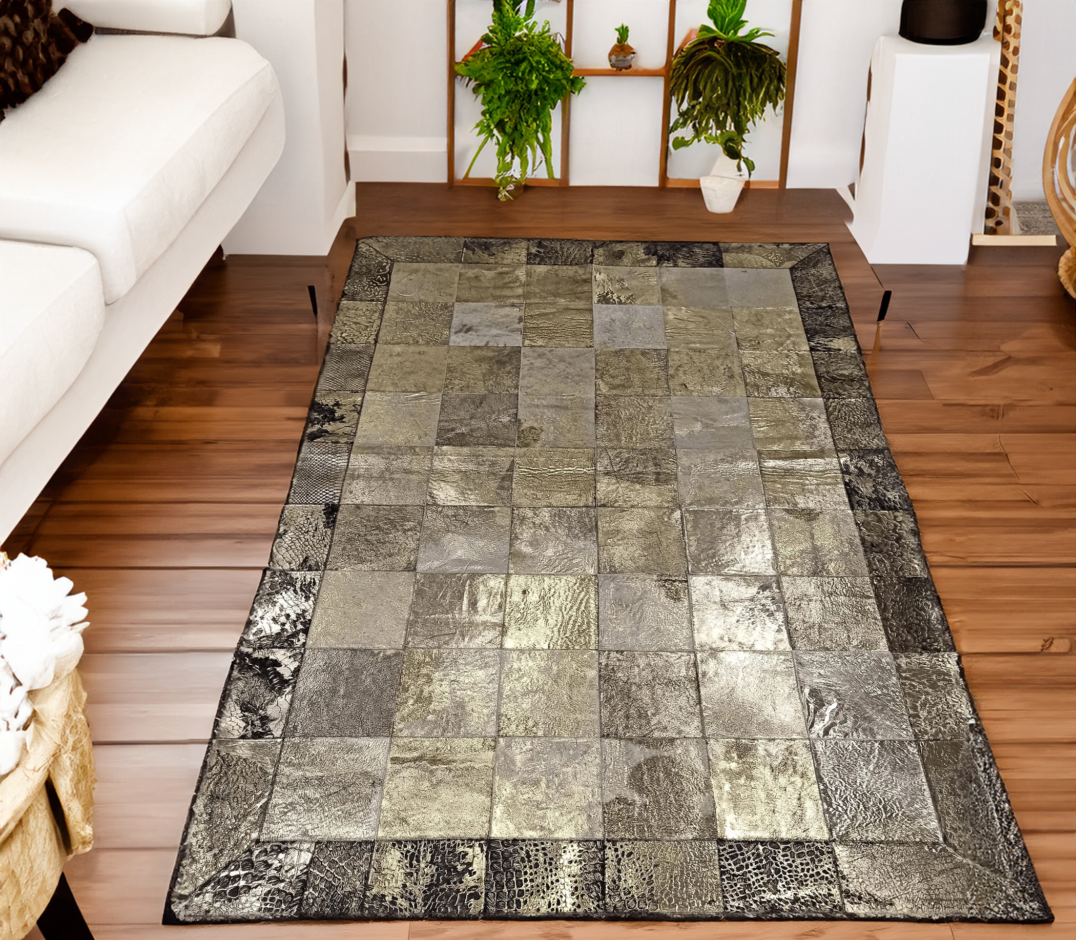 Gold Silver Real Cowhide Leather Rug