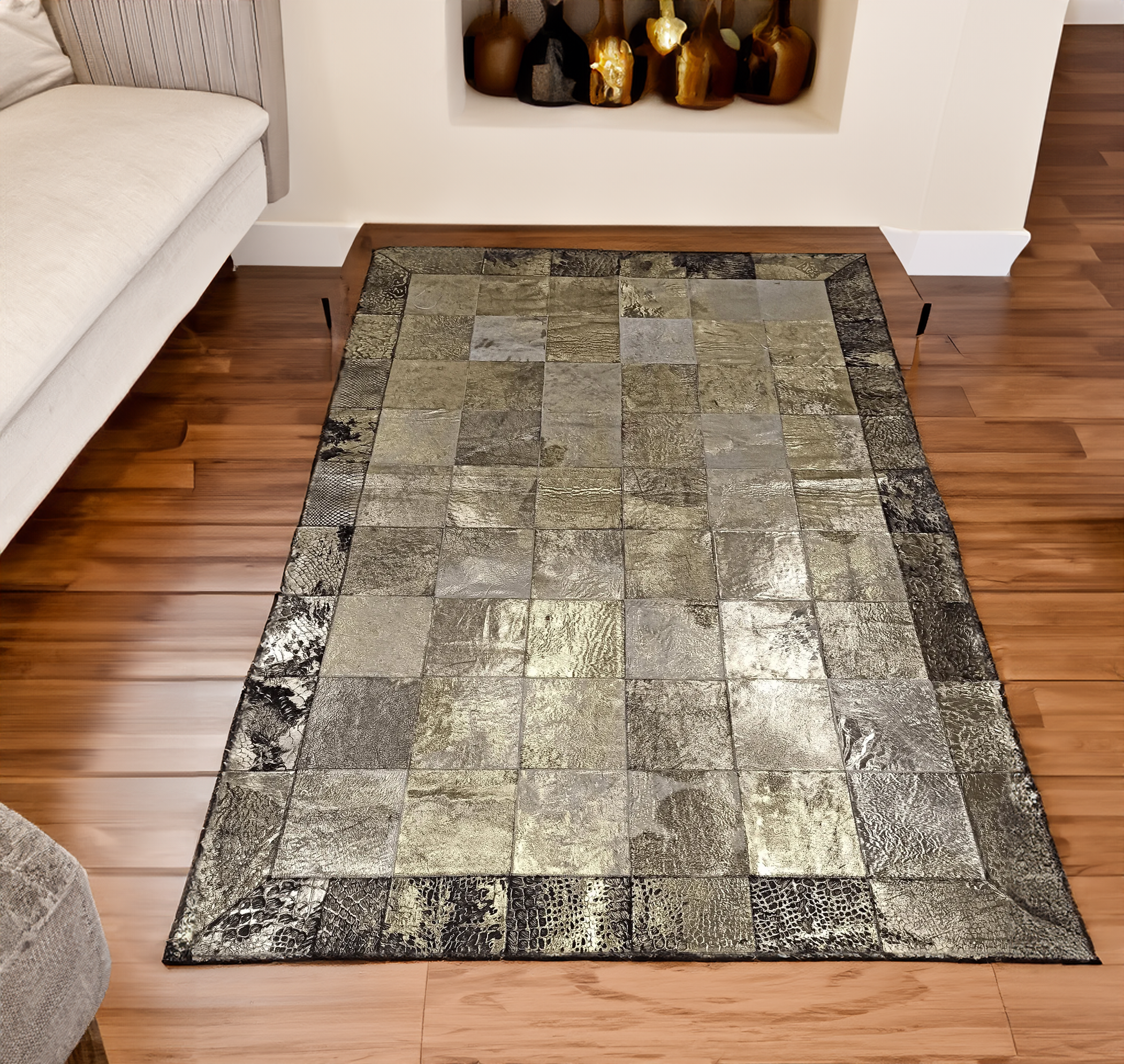 Gold Silver Real Cowhide Leather Rug