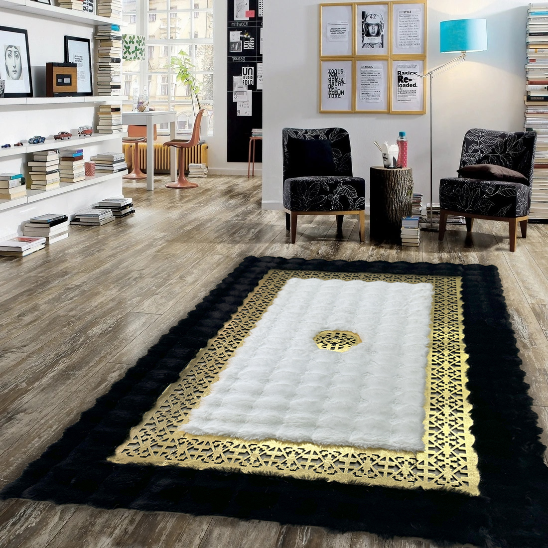 Faux Leather Black - White Gold Area Plush Rug