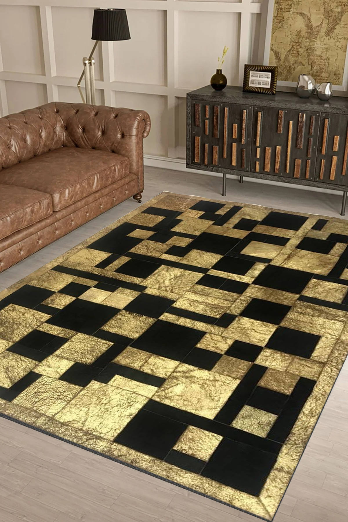 Gold Black Real Cowhide Rug