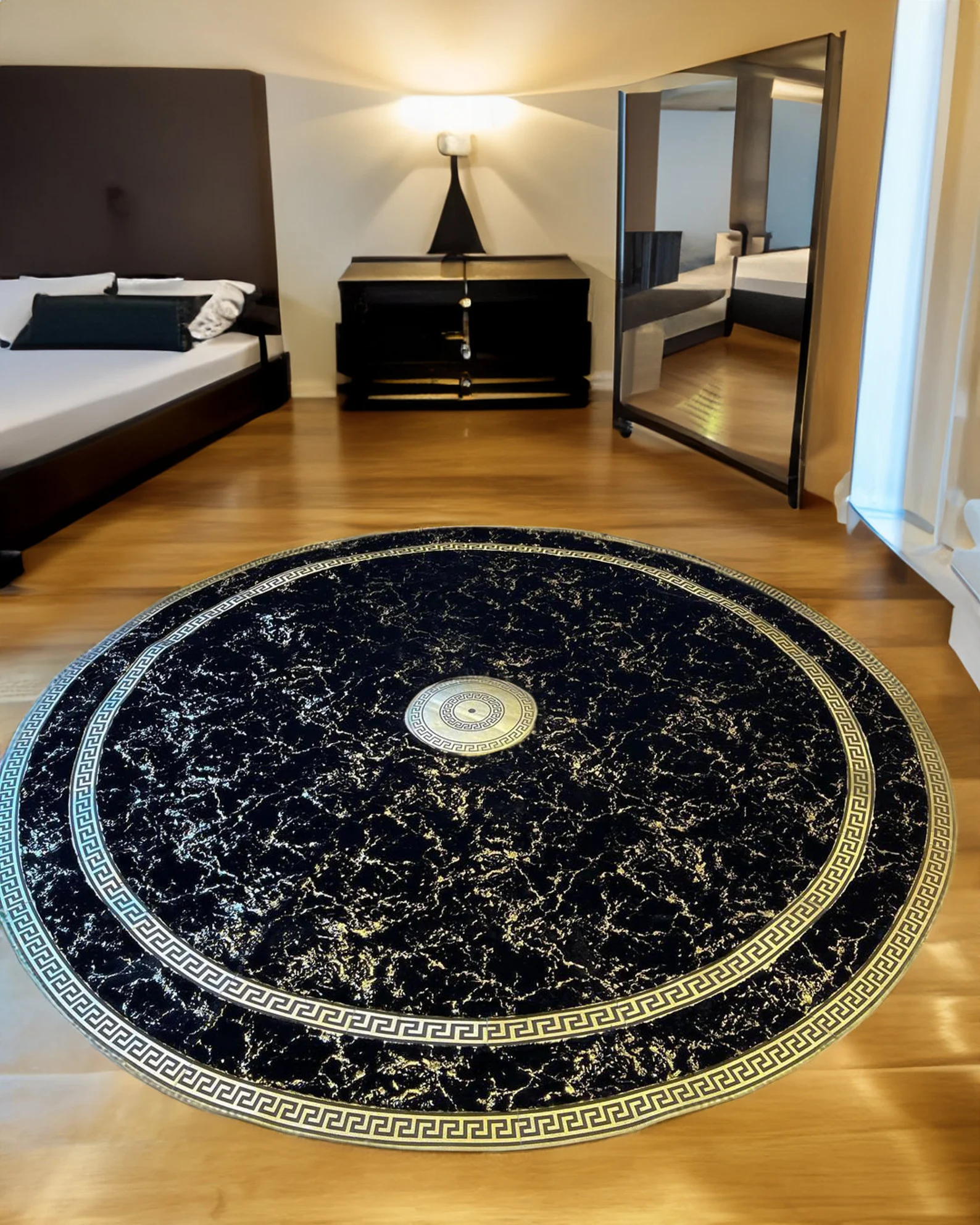 Round Black Gold Pus Rug