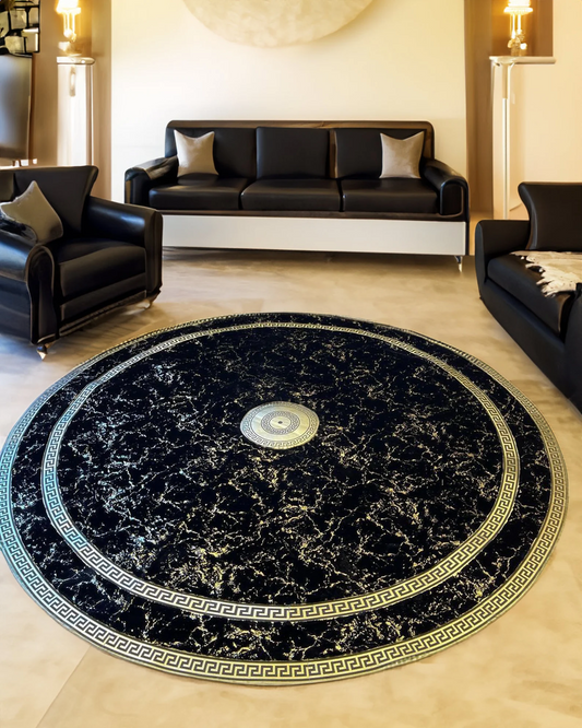 Round Black Gold Pus Rug