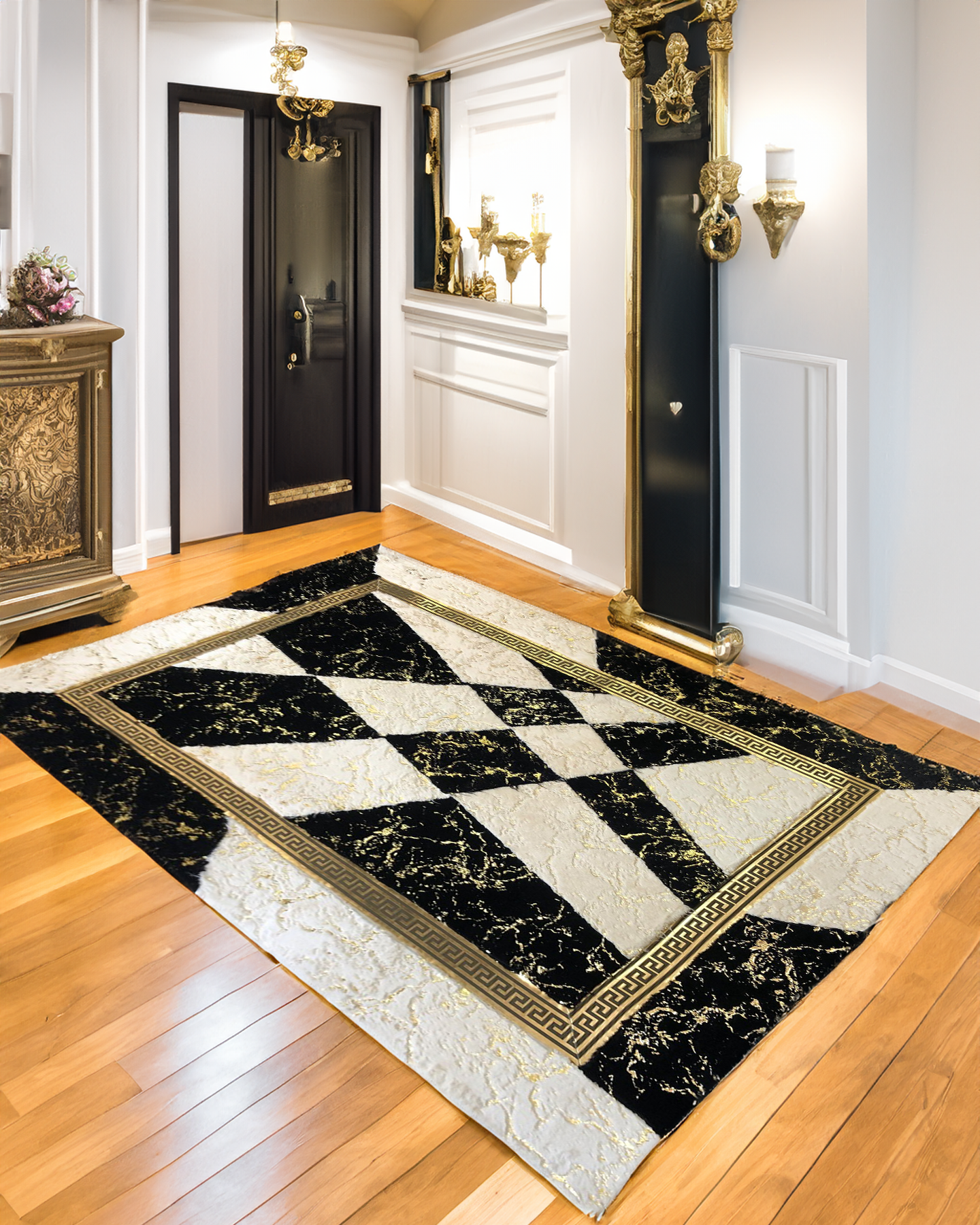 White -Black Gold Living Room Plush Soft Rug