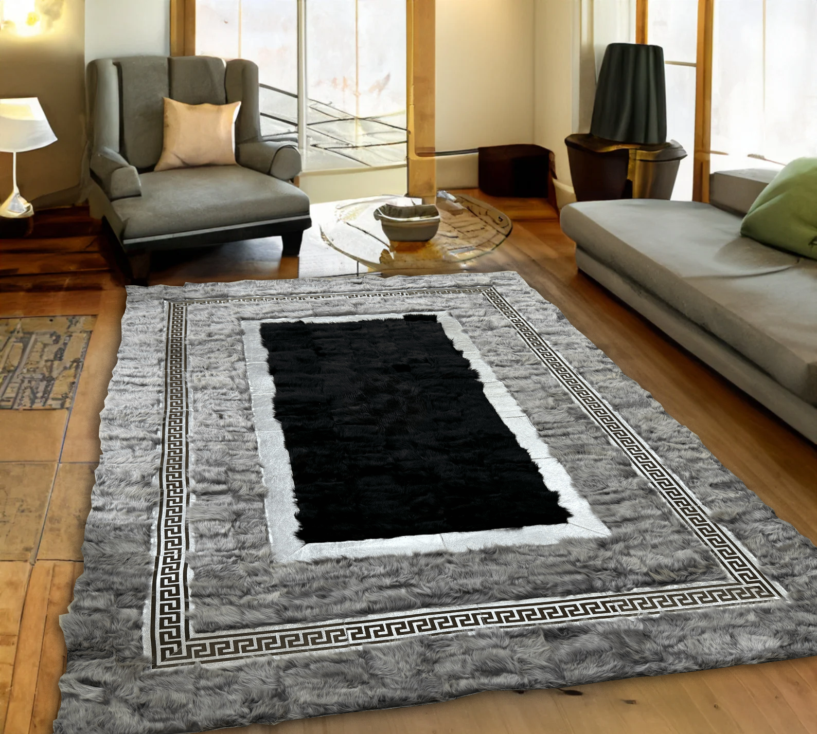 Gray Black Silver Sheepskin Area Rug