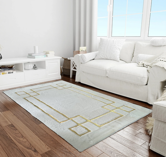 Geometric Plush White- Gold Area Faux Fur Rug