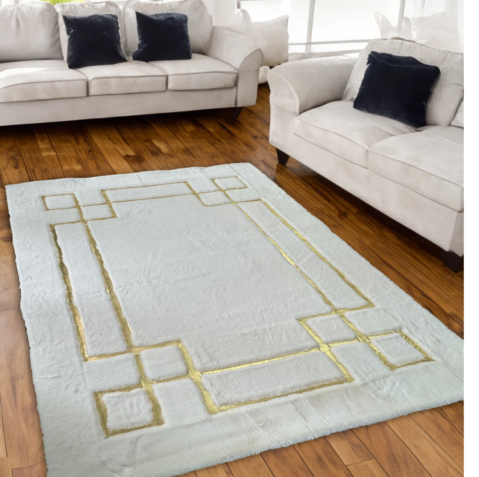 Geometric Plush White- Gold Area Faux Fur Rug