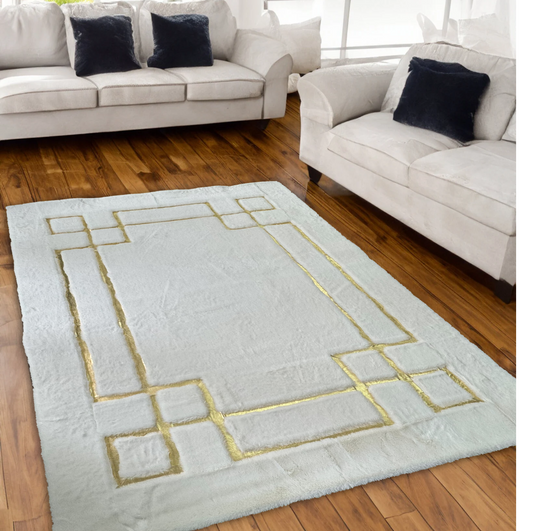 Geometric Plush White- Gold Area Faux Fur Rug