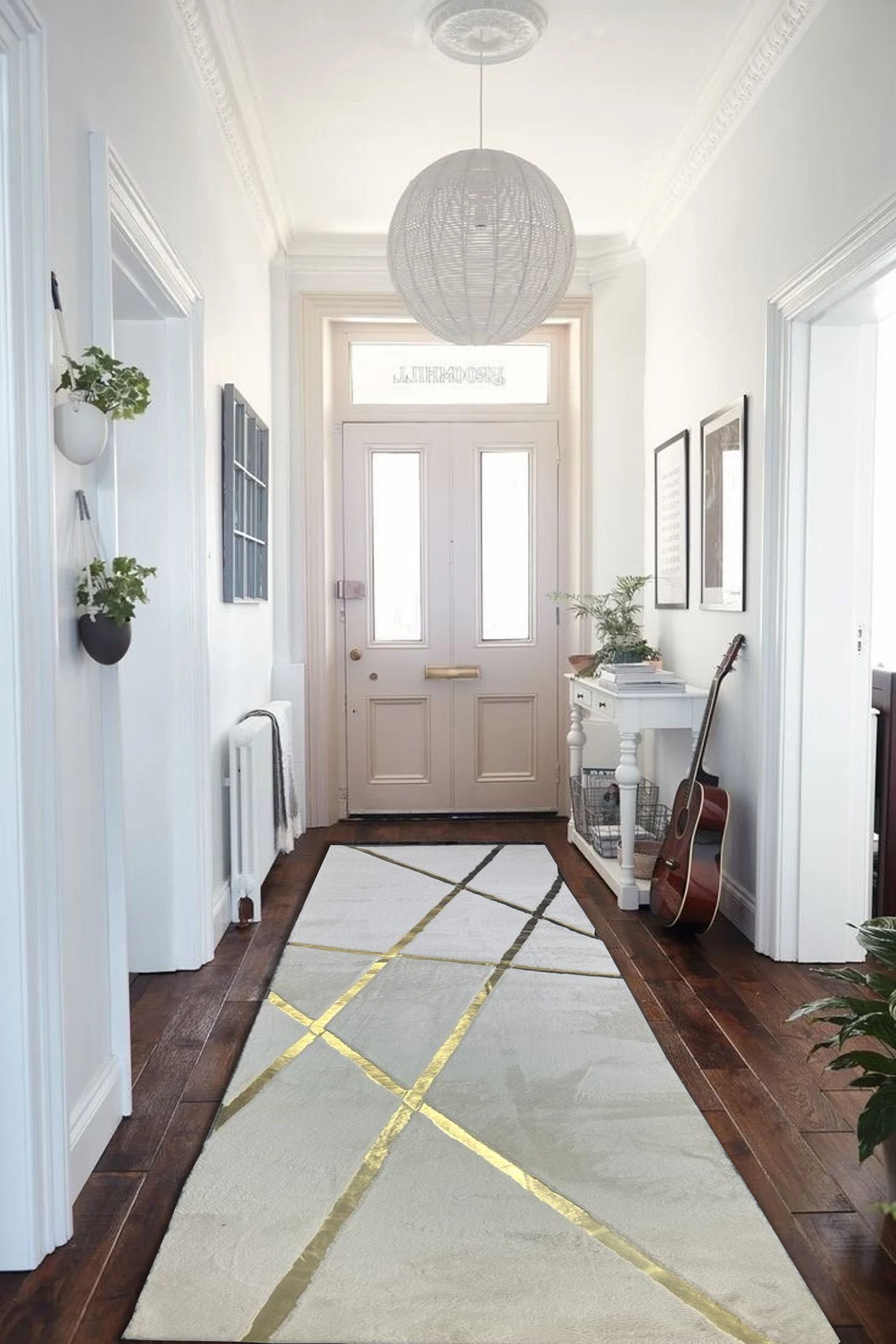 Hallway White Gold Runner Plush Rug